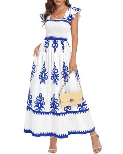 BTFBM Summer Dresses for Women 2026 Casual Floral Boho Sleeveless Square Neck A Line Flowy Beach Maxi Sundress Pockets(White Blue Flower, XX-Large) - Image 1