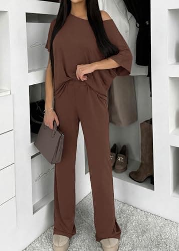 KIRUNDO Lounge Sets for Women Airport Travel Outfit 2026 Summer Off the Shoulder Tops Wide Leg Pants 2 Piece Matching Set(Brown, Large) - Thumbnail 2
