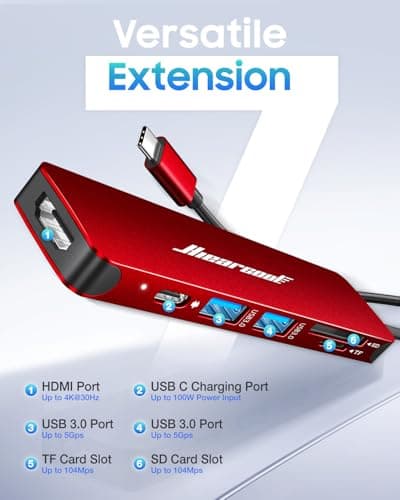 Hiearcool USB C Hub, USB-C to HDMI Multi-Port Adapter for MacBook Pro/Air, 7-in-1 USBC Dongle with 4K HDMI 100W Power Delivery SD/TF Card Reader Type-C Dock for Dell HP Lenovo Laptops-Dark Red - Thumbnail 2
