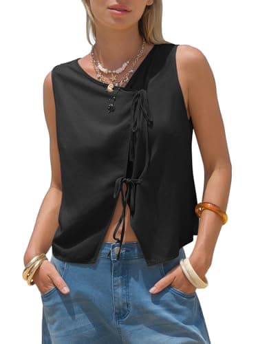 EXLURA Womens Linen Tank Tops Summer Trendy V Neck Vest Casual Tie Front Shirt Cute Spring Beach Vacation Outfits 2026 Black - Image 1