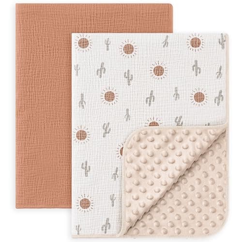 Susurration Baby Blanket for Unisex Boys Girls, 2 Pack Soft Fluffy Crib Blankets with Muslin Cotton Front and Dotted Fleece Back, Receiving Blanket for Baby Newborn Infant, 30x40in, Beige Sun&Brown