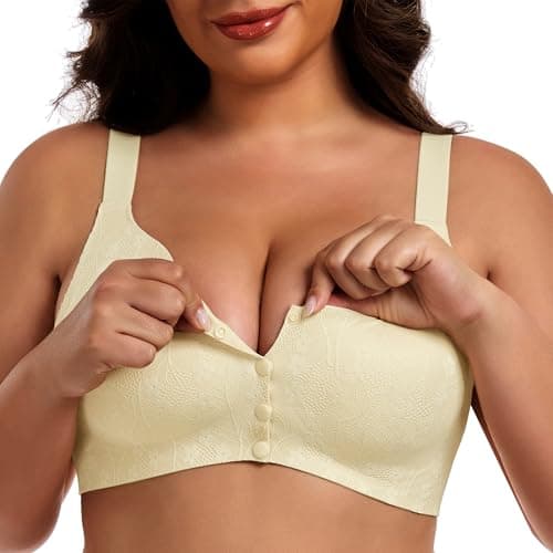 IWOLLENCE Women's Front Closure Bras No Underwire Seamless Wireless Lace Bralettes Seniors Full Coverage Anti Saggy Breast Tshirt Everyday Daisy Bra Beige, L - Thumbnail 6
