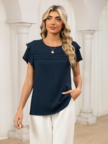 Funlingo Womens Dressy Casual Blouses Summer Ruffle Short Sleeve Tops Crew Neck Pleated Front Shirts Business Casual Outfits 2026 Deep Blue S - Thumbnail 2
