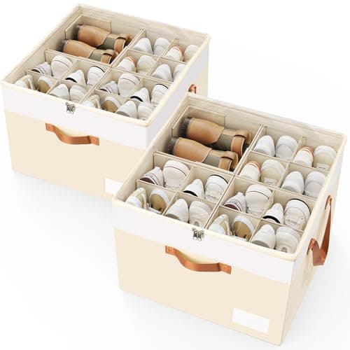 Criusia Shoe Organizer for Closet, 2 Pack Foldable Shoe Storage Organizer Box Bin with Adjustable Dividers and Clear Cover, Closet Shoe Storage for Sneakers Sandals Boots, Fit 16-32 Pairs, Beige - Image 1