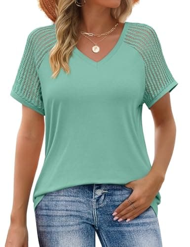 JUSTFASHIONNOW Short Sleeve Blouses for Women Cute Summer Tops Dressy Casual V Neck Tshirts 2026 Trendy Spring Clothes（Cadet Blue,Small - Image 1