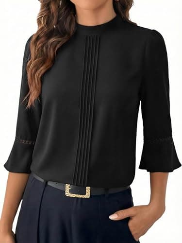 Funlingo Womens 3/4 Sleeve Tops Business Casual Tunic Blouses Dressy Mock Neck 2026 Spring Black Shirt Office Work Lace Clothes 3XL - Image 1
