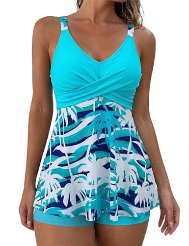 Firpearl Ladies Swimsuits for Older Women Tummy Control Two Piece Modest Bathing Suits Flowy Skirt Top with Boyshorts L/US10-12 Sky Blue - Thumbnail 2