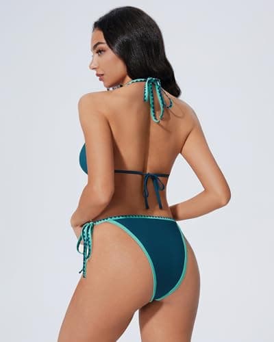 SUUKSESS Women Cheeky Halter String Bikini Sets Sexy Triangle Two Piece Swimsuit High Cut Bathing Suit (Green Blue, L) - Thumbnail 2