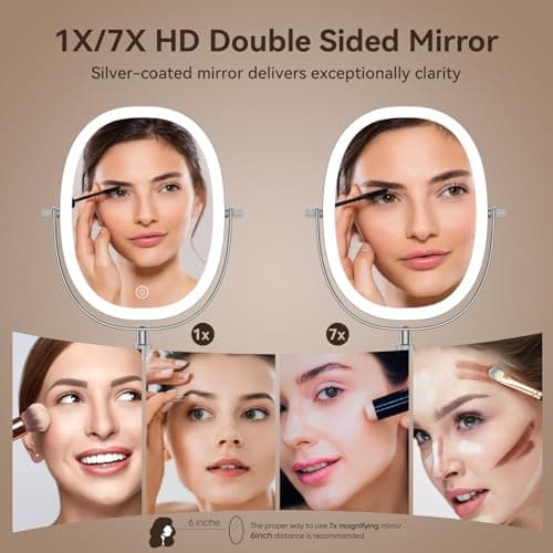 DeLanges 9″ Makeup Mirror with Lights, 7X Magnification, Height Adjustable Vanity Mirror, Rechargeable 3 Color Lighting Mode, 360° Swivel Double Sided Magnifying Mirror, Chrome, Gift for Women - Thumbnail 5