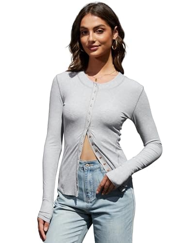 Homepeaz 2026 New Cardigan for Women Lightweight Snap Button Down Shirts Ribbed Knit Long Sleeve Tops Crewneck Slim Fit Soft Going Out Tops Grey - Image 1