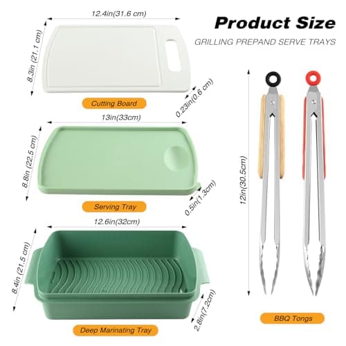 Sunmei Grill Prep and Serving Trays, 3-in-1 Stackable BBQ Food Tray, 5PCS BBQ Serving Set with Marinating Container, Serving Platter, Cutting Board and 2PCS Colored 12-Inch Grill Tongs (Green) - Thumbnail 2