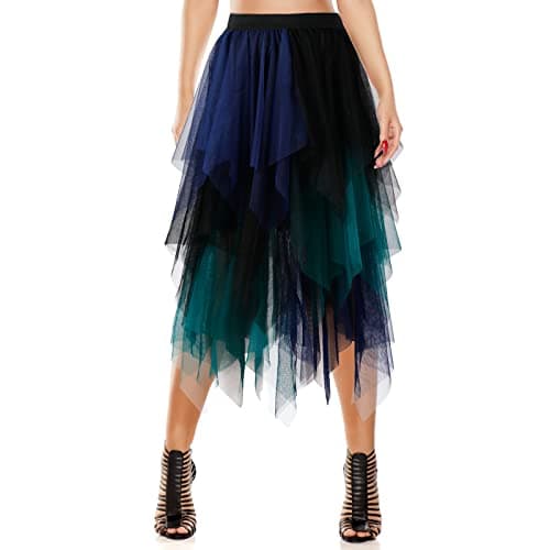 Women's Tulle Skirt A-Line High Low Asymmetrical 3 Layered Midi Length Elastic Waist Tutu Skirts (Black Green) - Image 1