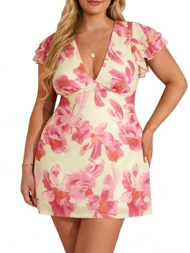Beautife Women's Plus Size Floral Dress Summer Deep V Neck Ruffle Cap Sleeve Bodycon Mesh Cocktail Party Club Mini Dresses Light Yellow