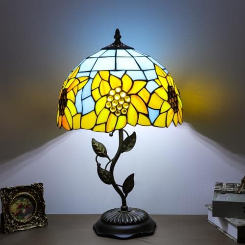 FILIUTF Stained Glass Table Lamp, Adjustable 3 Color Temperature, Sunflower Style Lampshade & Metal Leaf Base Desk Reading Light 12X12X19 Inches Decor for Bedroom Living Room Office - Thumbnail 3
