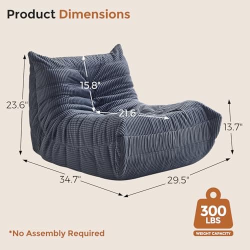 Ayovoch Bean Bag Chairs for Adults, Giant Bean Bag Chair, Memory Foam Beanbag Chair, Bean Bag Sofa for Living Room, Dorms, Apartments, Reading Corner (Gray Corduroy) - Thumbnail 2