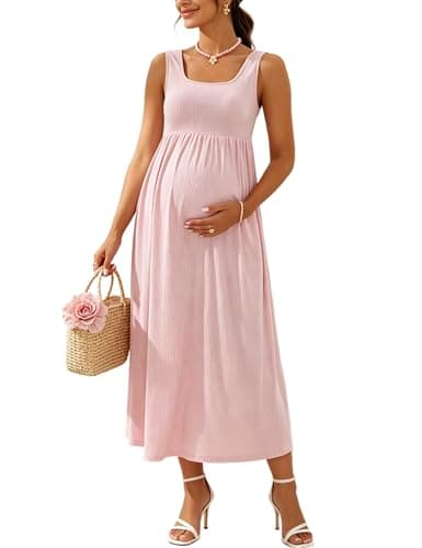 Yissang Maternity Sleeveless Ribbed Maxi Dress Square Neck A-Line Pregnancy Dress Casual Baby Shower Photoshoot Midi Dress Pink - Image 1