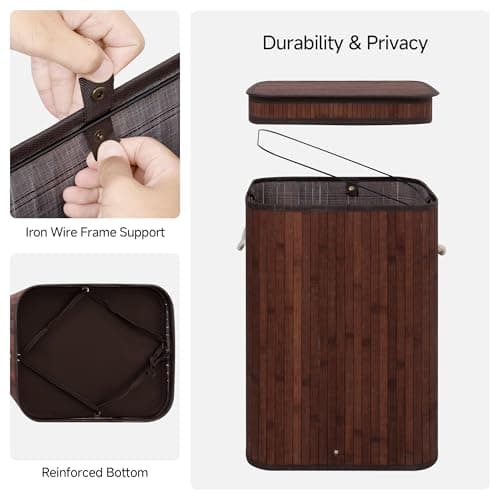 StorageWorks Laundry Hamper with Lid, Foldable Bamboo Laundry Basket, Clothes Hamper with Handles, Organizer and Storage for Laundry Room, Bedroom, Dorm, Brown - Thumbnail 6