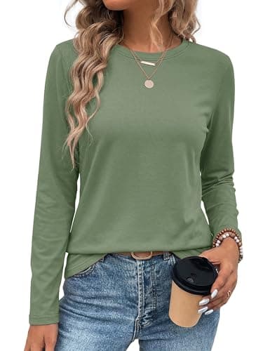 LaGracia Womens Long Sleeve Shirts Cotton Crewneck Long Sleeve T-Shirts Tops Basic Lightweight Soft Tee Shirts Spring Fall Outfits 2026 Bean Green XL - Image 1