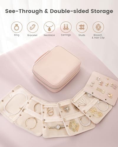 Lolalet Travel Jewelry Notebook Organizer Case, Large Jewelry Binder Book with Individual Pouches, Portable Leather Zippered Bag for Storage of Earring, Ring & Necklace, Gift for Women -Apricotpink - Thumbnail 6