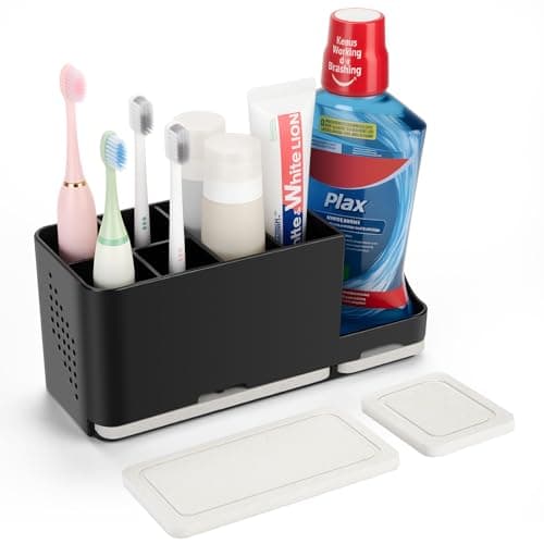 YONGAIJIA Toothbrush Holder for Bathroom Organizer with Diatom mud Board，Detachable 8 Slots Kids Electric Toothbrush Holder and Toothpaste Stand for Countertop Accessories Storage (Black) - Image 1
