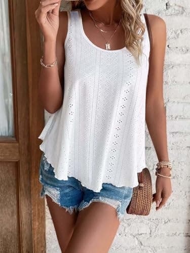 ATHMILE Womens Tank Tops Sleeveless Eyelet Embroidery Scoop Neck Loose Fit Casual Summer Flowy Beach White - Thumbnail 3