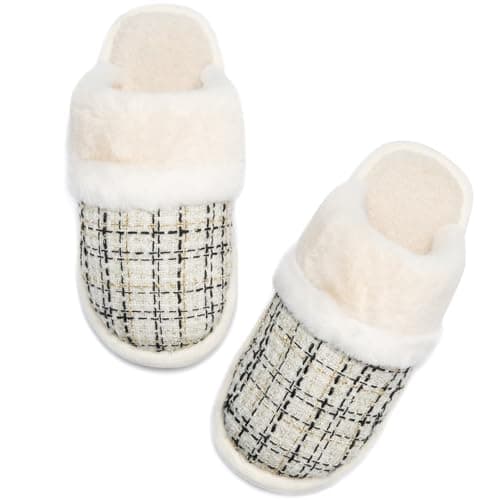 House Slippers for Women Leopard Fluffy Memory Foam Cute Comfy Fuzzy Slippers Slip on Anti-Skid Christmas Gifts for Women Mom Indoor and Outdoor Size 9 10 Chic Beige - Image 1