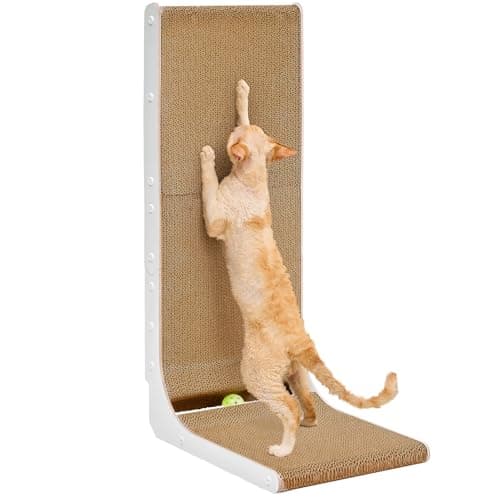 EHEYCIGA Cardboard Cat Scratcher for Indoor Cats, 32 Inch L Shaped Vertical Cat Scratching Board with Ball Cat Toy, Extra Large Cat Scratcher Pad, White