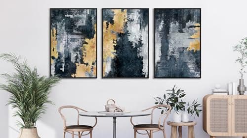 Large Framed Abstract Wall Art - Natural Frame Retro Canvas Pictures for Living Room Modern Canvas Prints Navy Blue for Bedroom, Black Float Frame Art for Home Office Kitchen Decor 24" X 36" X 3pcs - Thumbnail 4