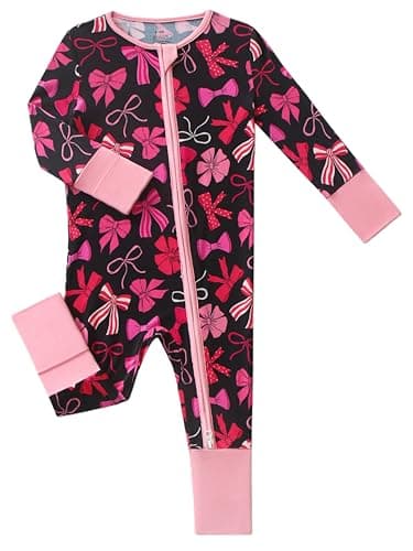 Joonberry Unisex Baby Bamboo Viscose Long Sleeve Romper, Cute Prints Zipper Footless Jumpsuit, Toddler One-Piece Outfits(Bow Pattern, 6-9M) - Image 1