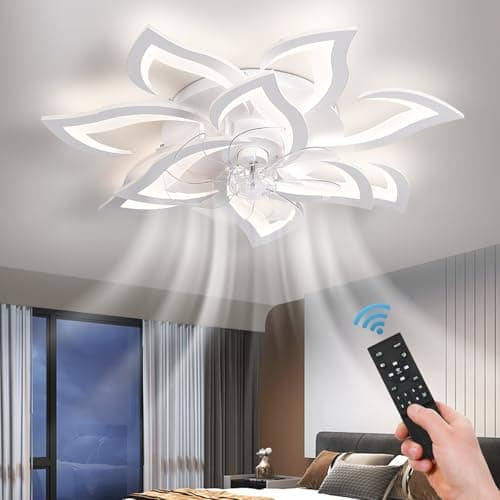 ZHMDJDSH 32" White Flower Ceiling Fan with Light Remote Control, Low Profile Flush Mount Ceiling Fan for Kitchen Bedroom Living Room - Image 1