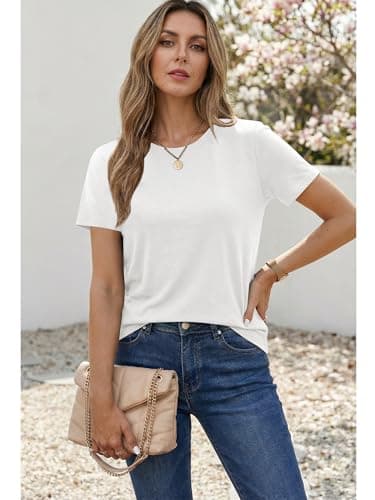 Women's T Shirt Cotton T-Shirts Short Sleeve Crewneck Basic Solid Color Tee Loose Fit Shirts Breathable Comfy Summer Tops for Women 2026 White - Thumbnail 4