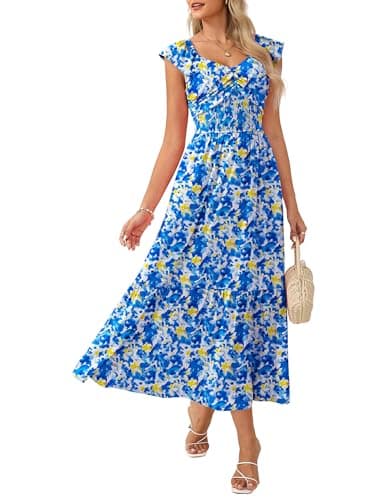 Summer Floral Maxi Dress for Women 2026 Flowy A-line Wedding Guest Dresses Ruffle Sleeve Smocked Sundress with Pocket Blue Yellow L - Image 1