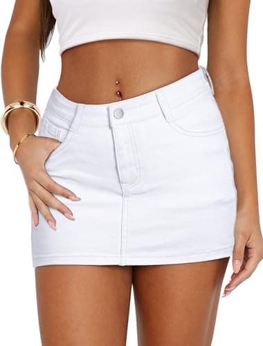 IWD Denim Mini Skirt Women Casual Stretch Jean Skirt Zip Fly Low Waisted Denim Skirt with Pockets White Small - Image 1