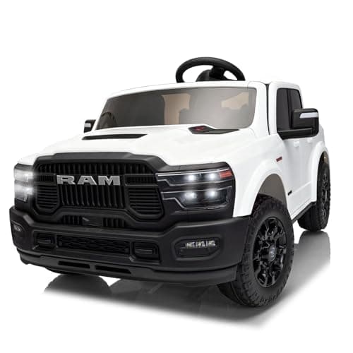 KerryYoo SQ7 Licensed RAM 24V Ride On Truck for Kids, 2 Seater Electric Car with Parent Remote Control, Spring Suspension, Seat Belts, Storage Bed, LED Lights, Music - White - Image 1