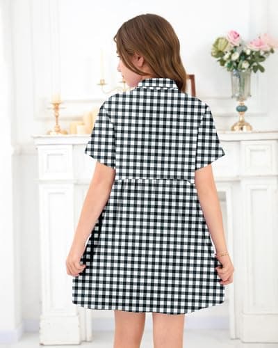 Girl's Summer Short Sleeve Loose Babydoll Dress Casual Kids Button Down Mini Sundresses with Pockets 2026 Black White Plaid 11-12 - Thumbnail 5