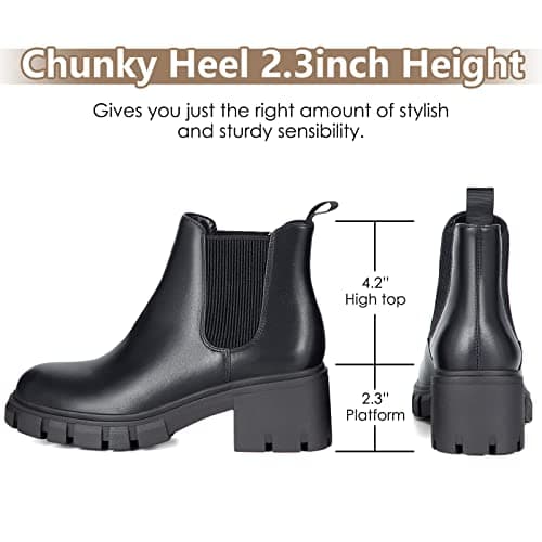 Athlefit Women's Chelsea Boots Fashion Lug Sole Chunky Heel Slip on Elastic Ankle Black Booties Size 9.5 - Thumbnail 3