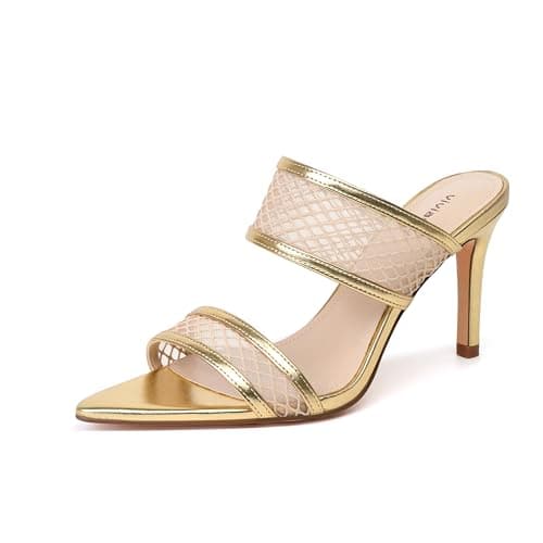 vivianly Pointed Toe Mesh Stiletto Heel Sandals Strap High Heels Slip on Mules for Women Size 9 - Image 1
