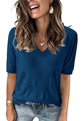 Arach&Cloz Women's Summer Fall Tops 2025 Short Sleeve Plus Size Sweaters V Neck Trendy Fashion Knit Clothes Dressy Cute Casual Outfits Business Work Blouse Blue M - Image 1