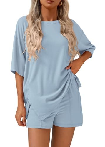 KIRUNDO 2 Piece Sets for Women Summer Lounge Sets Casual Oversized Tshirts Shorts Matching Airport Travel Outfits Postpartum(Light Blue, Large) - Image 1