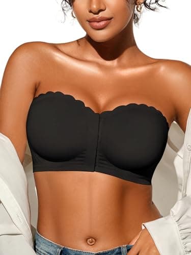 Cuteio Strapless Bras for Women, Front Closure Anti-Slip Comfortable Bandeau Top, Wavy Edge Padded Bra Black - Image 1