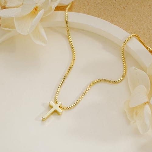 Gold Cross Necklace for Women, Trendy 14K Gold Plated Charm Box Chain Choker Dainty, Christian Religious Faith Small Cross Pendant Necklace Non Tarnish - Thumbnail 5