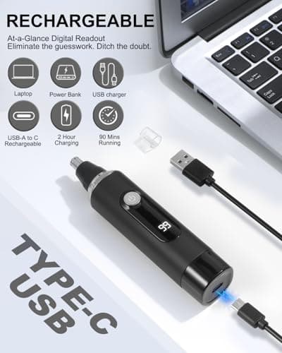 Nose Hair Trimmer for Men and Women,2026 Professional Painless IPX7 Waterproof Eyebrow & Facial Hair Trimmer,USB Rechargeable with LED Display Dual-Edge Blades for Smoother Cutting,BlackSilver - Thumbnail 3