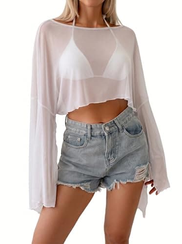 Dokotoo Womens Summer Bell Long Sleeve Mesh Tops Lightweight Casual Boho Solid Cover Up Beach Vacation Clothes 2026 Fashion Crop Tops Outfits White Medium - Image 1