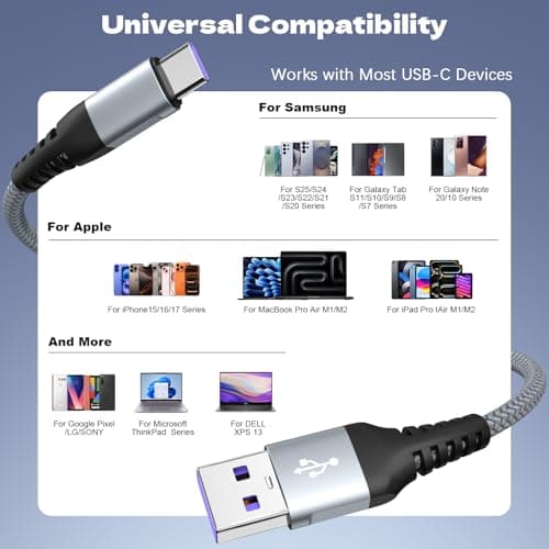 USB A to USB C Cable for CarPlay [2 Pack 6FT], 60W Charging Cable,Type C Charger Cord, USB C Data Cable for Samsung Galaxy S25 S24 S23 Series, Note 20, iPad, iPhone 17/16/15 and USB-C Devices - Thumbnail 5