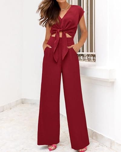 PRETTYGARDEN Women's Summer 2 Piece Outfits 2026 Cap Sleeve V Neck Belted Crop Tops Wide Leg Pant Sets Casual Tracksuit(Solid Wine Red,X-Large) - Thumbnail 6