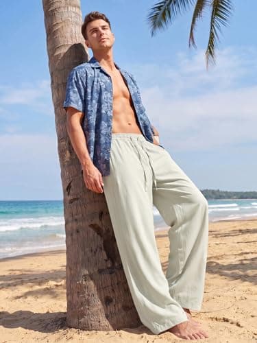 Areant Mens Lightweight Summer Pants Baggy Loose Fit Breathable Casual Sweat Pants Elastic Waist Drawstring for Beach Vacation Lounge Beige Large - Thumbnail 2
