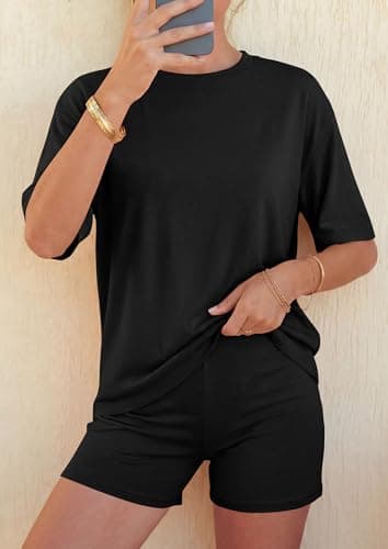 PRETTYGARDEN 2026 Women's Summer 2 Piece Sets Casual Lounge Set Short Sleeve Tops Shirts Shorts Travel Beach Vacation Outfits (Black,Large) - Thumbnail 2