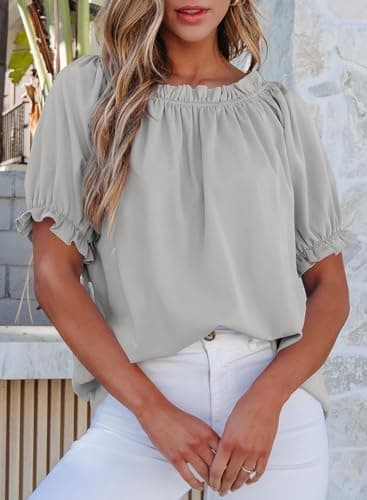 EVALESS Short Sleeve Shirts for Women Dressy Tops Smocked Off The Shoulder Chiffon Blouses Spring Summer Clothes Fashion 2026 Business Casual Outfits Work Gray Shirts Ladies Tops and Blouses, X-Large - Thumbnail 2