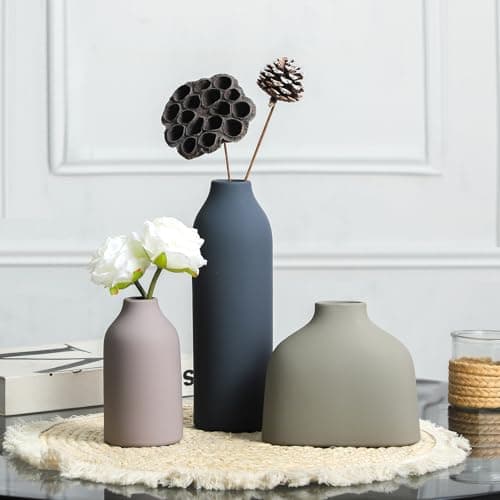 Ceramic Vase Set of 3,Flower Vase Home Decor,Modern Farmhouse Decor, Pampas Grass Dried Fresh Flowers,Bedroom,Living Room,Bookshelf Decoration, Centerpiece Table Boho Decor. - Thumbnail 5