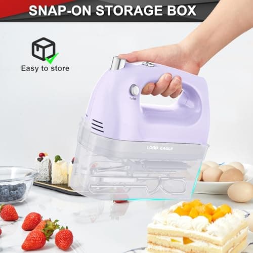Lord Eagle Hand Mixer Electric Handheld 400W, 5-Speed Lightweight Kitchen Mixer with Storage Case, 5 Stainless Steel Attachments for Baking Cake Egg Cream Food Beater, Turbo+Eject Button, Purple - Thumbnail 5